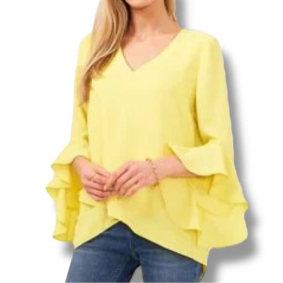 Vince Camuto sunburst yellow V-Neck 3/4-Flutter Sleeve Blouse NEW - Picture 2 of 7